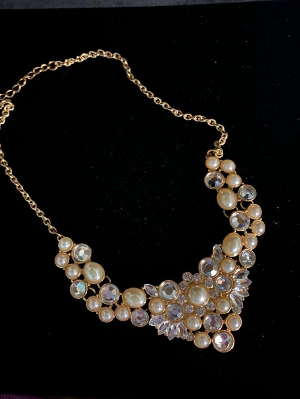 Vintage Gold tone Statement Bride Prom Cabochon faux Pearl Rhinestone Necklace